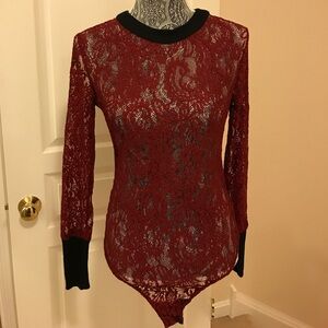 Nasty Gal burgundy Red Lace Bodysuit with Black Accents. New no tag